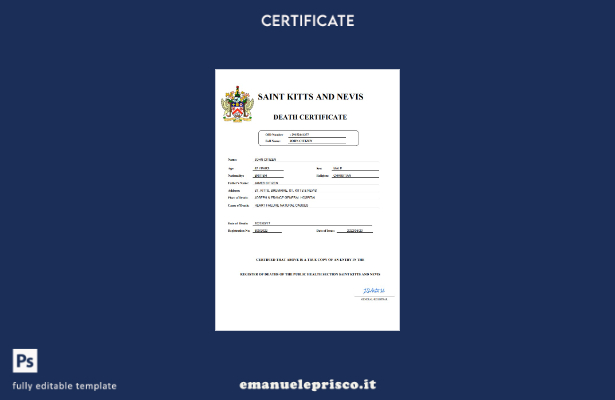 stile verificato Certificato di morte dello stato di stato di Saint Kitts e Nevi